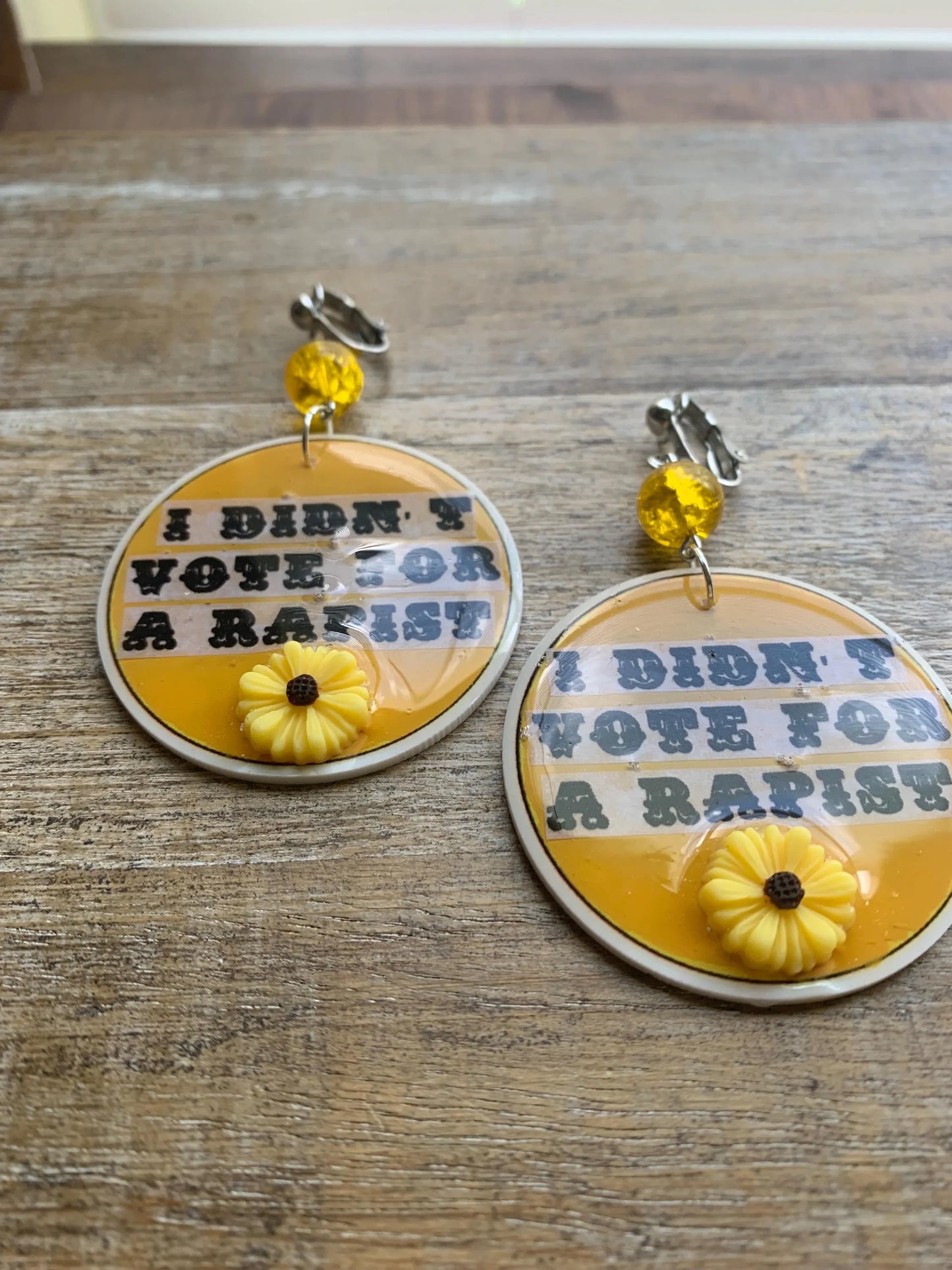 Anti Trump Clip On Earrings Art Deco Democrat Trump for Prison I Didn't Vote for a Rapist Yellow Sunflower Activist Statement