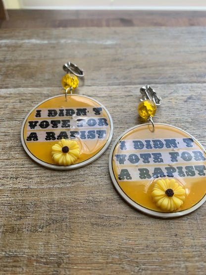 Anti Trump Clip On Earrings Art Deco Democrat Trump for Prison I Didn't Vote for a Rapist Yellow Sunflower Activist Statement
