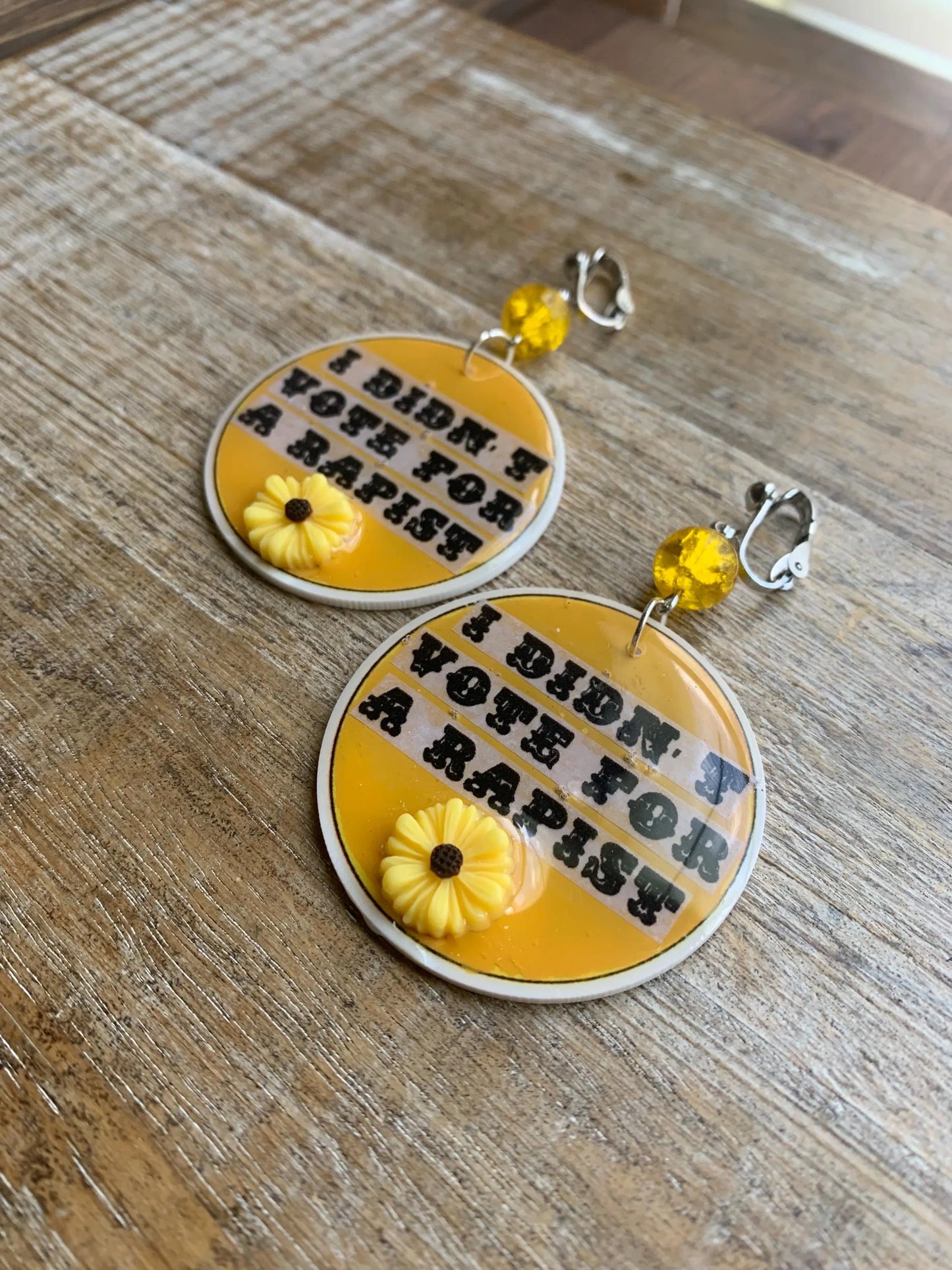 Anti Trump Clip On Earrings Art Deco Democrat Trump for Prison I Didn't Vote for a Rapist Yellow Sunflower Activist Statement
