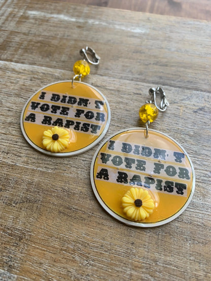 Anti Trump Clip On Earrings Art Deco Democrat Trump for Prison I Didn't Vote for a Rapist Yellow Sunflower Activist Statement