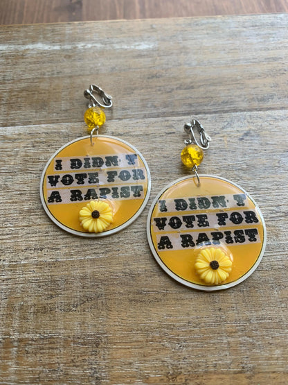 Anti Trump Clip On Earrings Art Deco Democrat Trump for Prison I Didn't Vote for a Rapist Yellow Sunflower Activist Statement