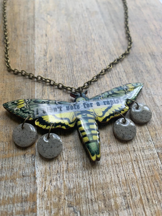 I Didn’t Vote for a Rapist Necklace Death Moth Gothic Racism Liberal Democrat Necklace Anti Trump Bronze Chain Anti Racism Necklace