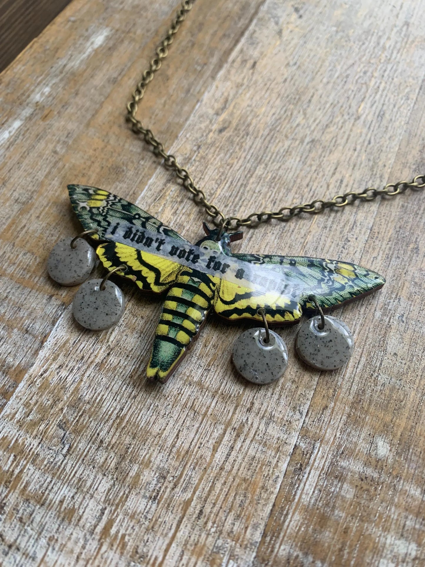 I Didn’t Vote for a Rapist Necklace Death Moth Gothic Racism Liberal Democrat Necklace Anti Trump Bronze Chain Anti Racism Necklace