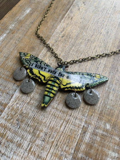 I Didn’t Vote for a Rapist Necklace Death Moth Gothic Racism Liberal Democrat Necklace Anti Trump Bronze Chain Anti Racism Necklace