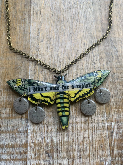 I Didn’t Vote for a Rapist Necklace Death Moth Gothic Racism Liberal Democrat Necklace Anti Trump Bronze Chain Anti Racism Necklace