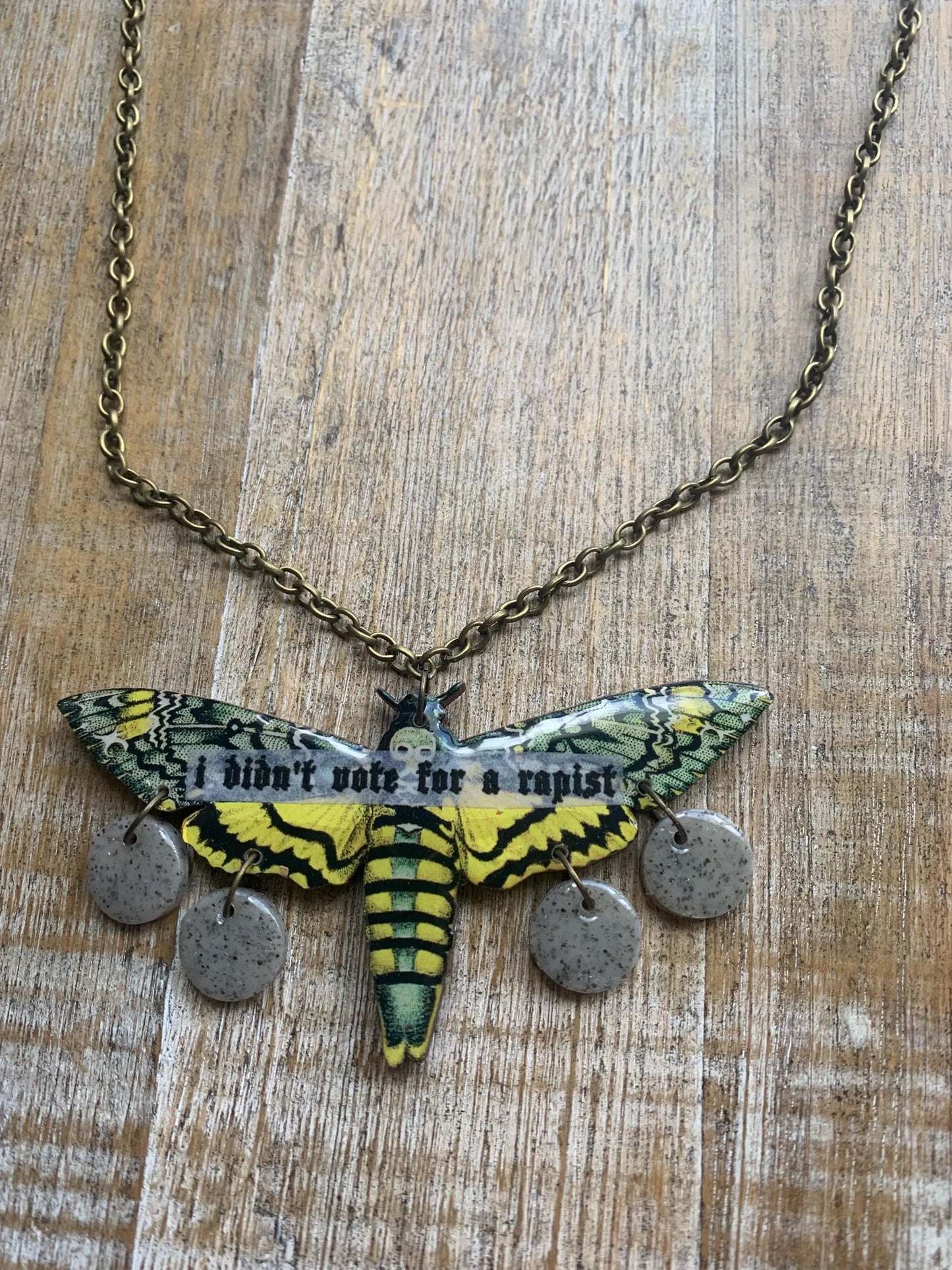 I Didn’t Vote for a Rapist Necklace Death Moth Gothic Racism Liberal Democrat Necklace Anti Trump Bronze Chain Anti Racism Necklace