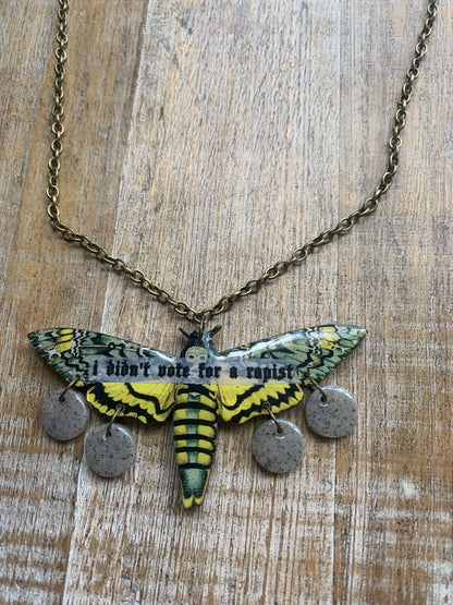 I Didn’t Vote for a Rapist Necklace Death Moth Gothic Racism Liberal Democrat Necklace Anti Trump Bronze Chain Anti Racism Necklace