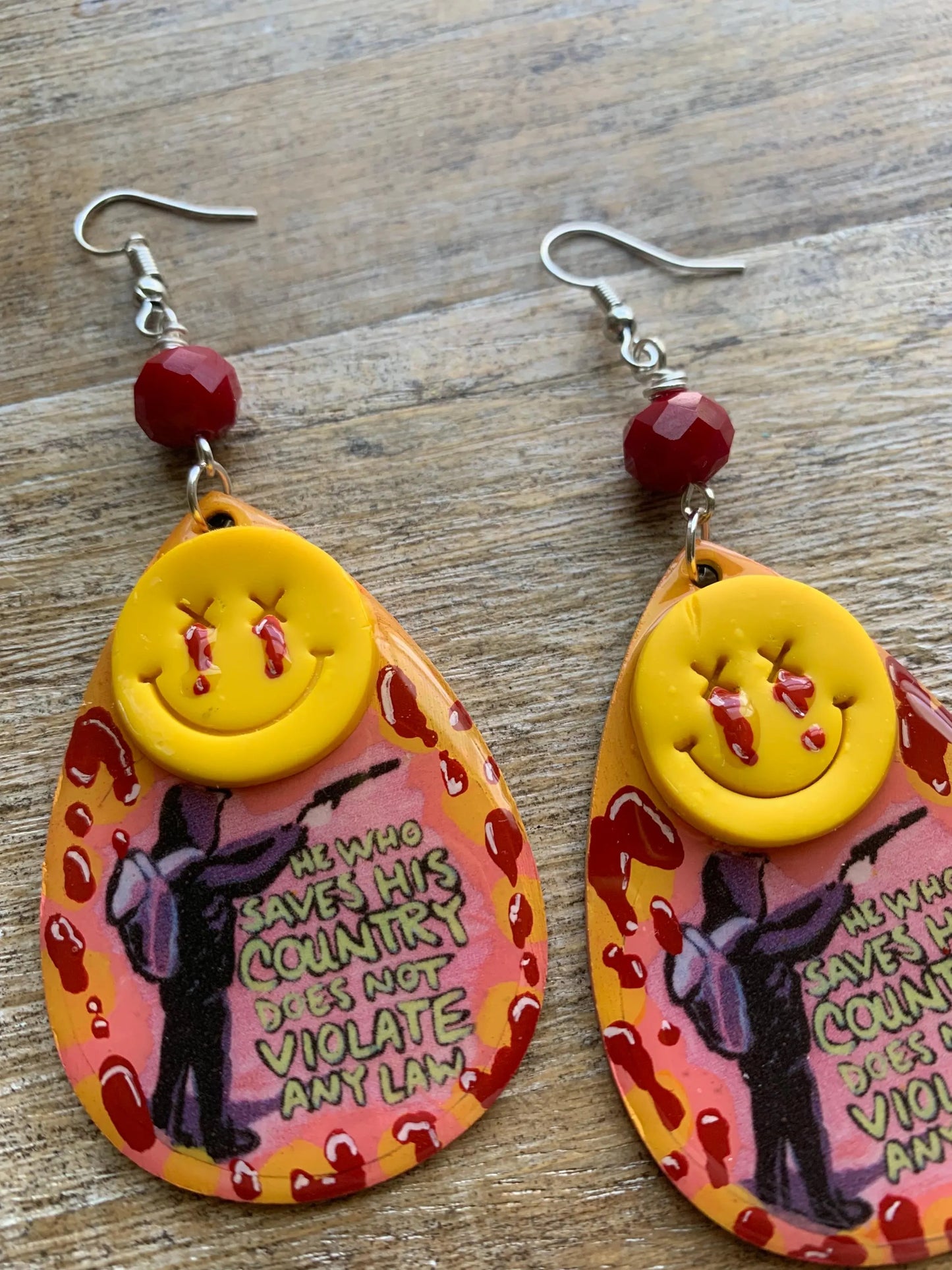 He Who Saves His Country Does Not Violate Any Law Luigi Universal Healthcare Earrings Wood Bloody Activist Liberal Clip On Earrings Punk Political Statement Protest Ear Hangers