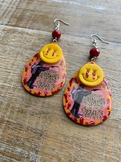 He Who Saves His Country Does Not Violate Any Law Luigi Universal Healthcare Earrings Wood Bloody Activist Liberal Clip On Earrings Punk Political Statement Protest Ear Hangers