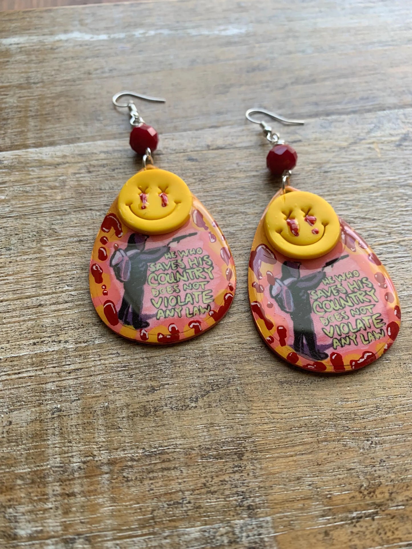 He Who Saves His Country Does Not Violate Any Law Luigi Universal Healthcare Earrings Wood Bloody Activist Liberal Clip On Earrings Punk Political Statement Protest Ear Hangers