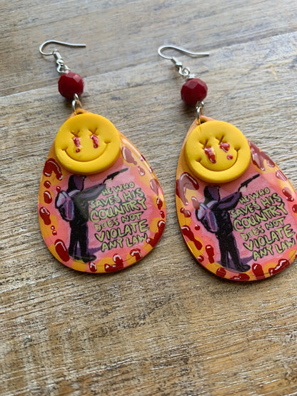 He Who Saves His Country Does Not Violate Any Law Luigi Universal Healthcare Earrings Wood Bloody Activist Liberal Clip On Earrings Punk Political Statement Protest Ear Hangers