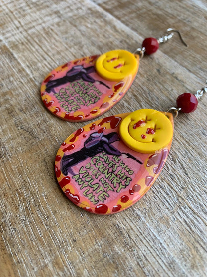He Who Saves His Country Does Not Violate Any Law Luigi Universal Healthcare Earrings Wood Bloody Activist Liberal Clip On Earrings Punk Political Statement Protest Ear Hangers