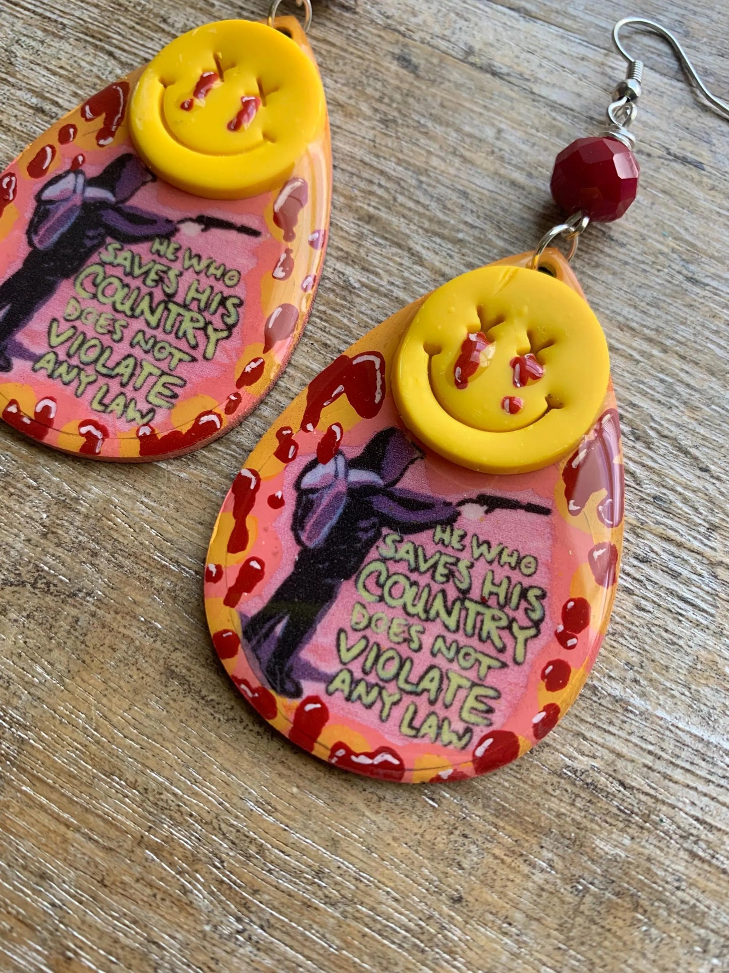 He Who Saves His Country Does Not Violate Any Law Luigi Universal Healthcare Earrings Wood Bloody Activist Liberal Clip On Earrings Punk Political Statement Protest Ear Hangers