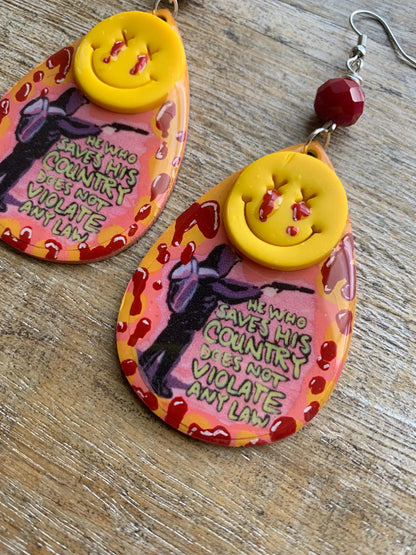 He Who Saves His Country Does Not Violate Any Law Luigi Universal Healthcare Earrings Wood Bloody Activist Liberal Clip On Earrings Punk Political Statement Protest Ear Hangers