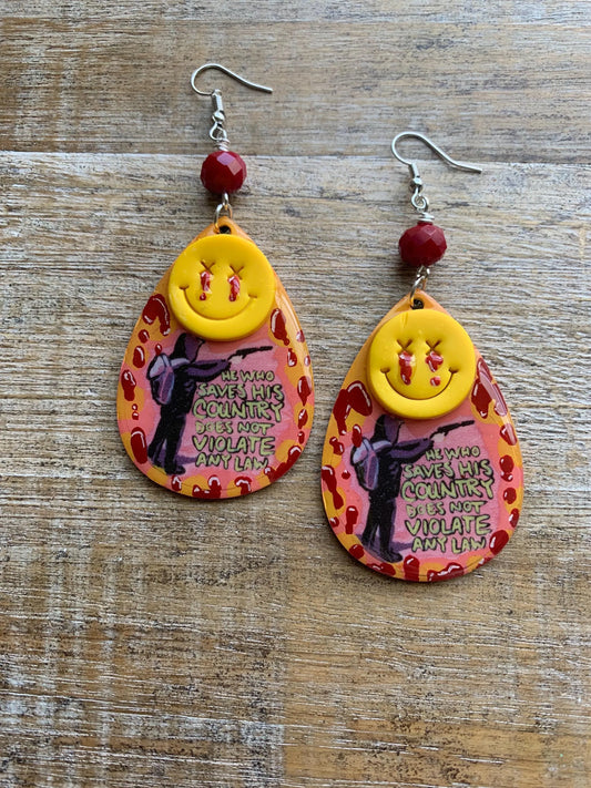He Who Saves His Country Does Not Violate Any Law Luigi Universal Healthcare Earrings Wood Bloody Activist Liberal Clip On Earrings Punk Political Statement Protest Ear Hangers