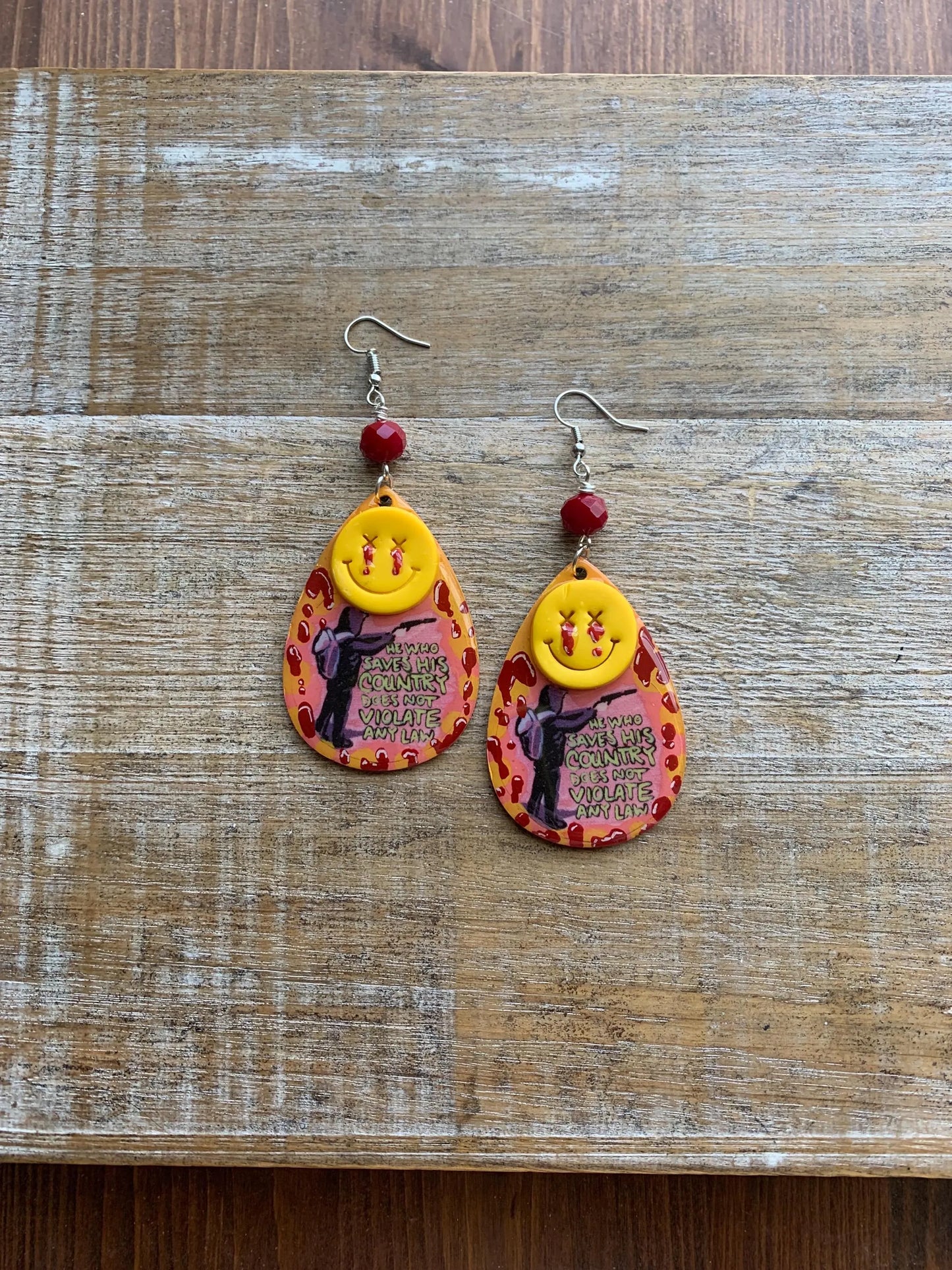 He Who Saves His Country Does Not Violate Any Law Luigi Universal Healthcare Earrings Wood Bloody Activist Liberal Clip On Earrings Punk Political Statement Protest Ear Hangers