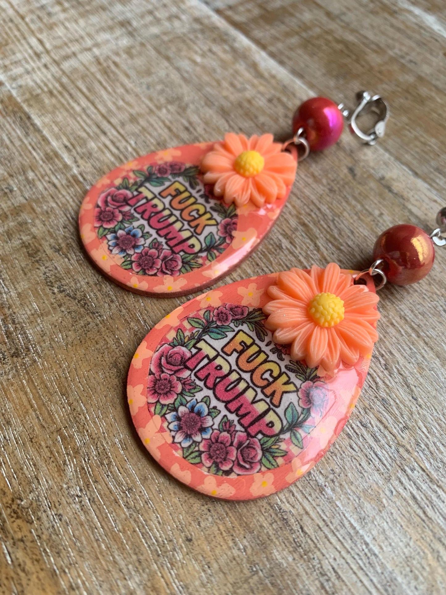 Anti Trump Oligarch Clip On Earrings Wood Fuck Trump Clip Activist Liberal Earrings Punk Orange Anti Authoritarian Govt Ear Hangers