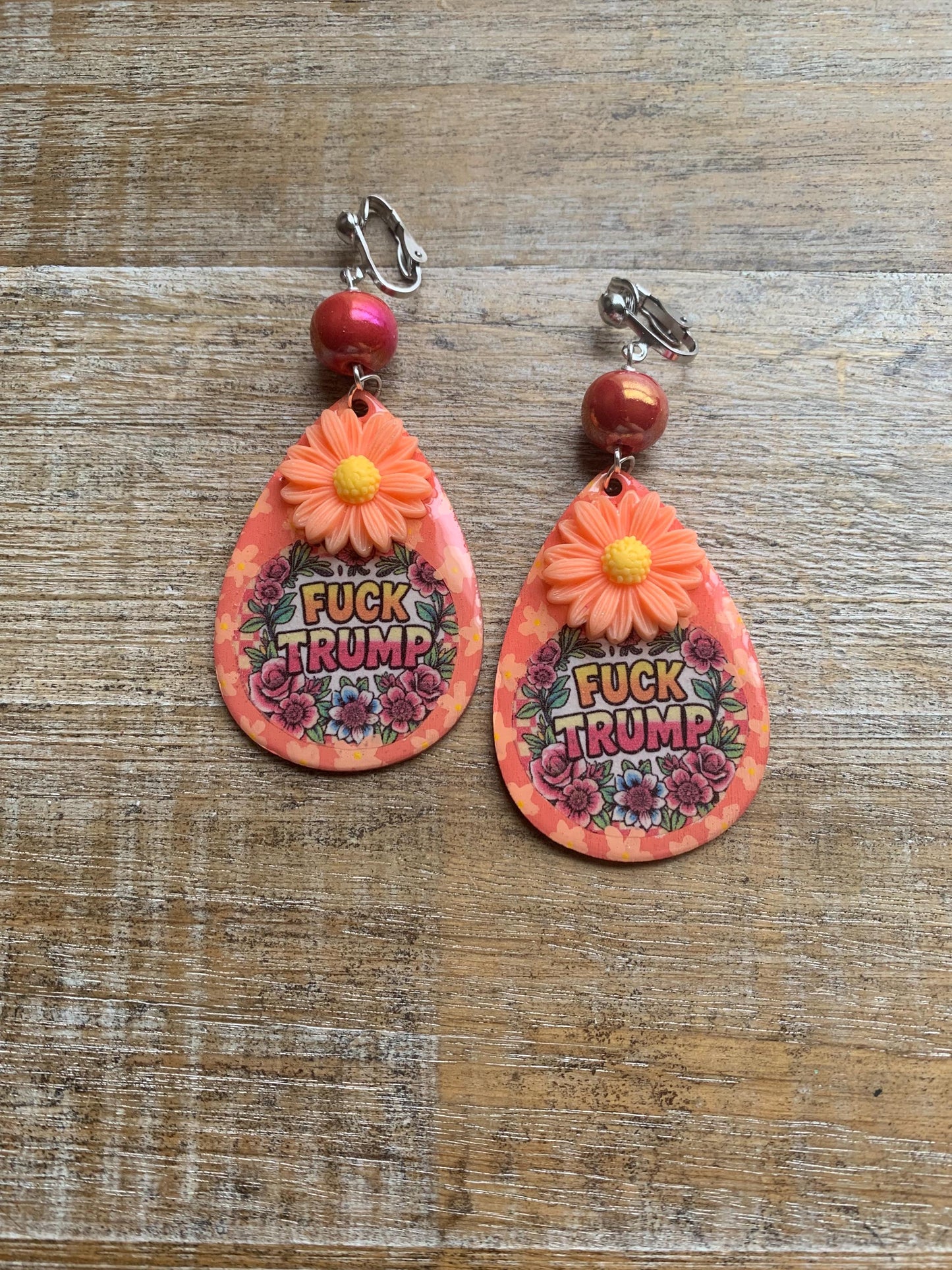 Anti Trump Oligarch Clip On Earrings Wood Fuck Trump Clip Activist Liberal Earrings Punk Orange Anti Authoritarian Govt Ear Hangers
