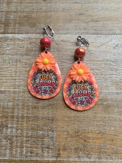 Anti Trump Oligarch Clip On Earrings Wood Fuck Trump Clip Activist Liberal Earrings Punk Orange Anti Authoritarian Govt Ear Hangers