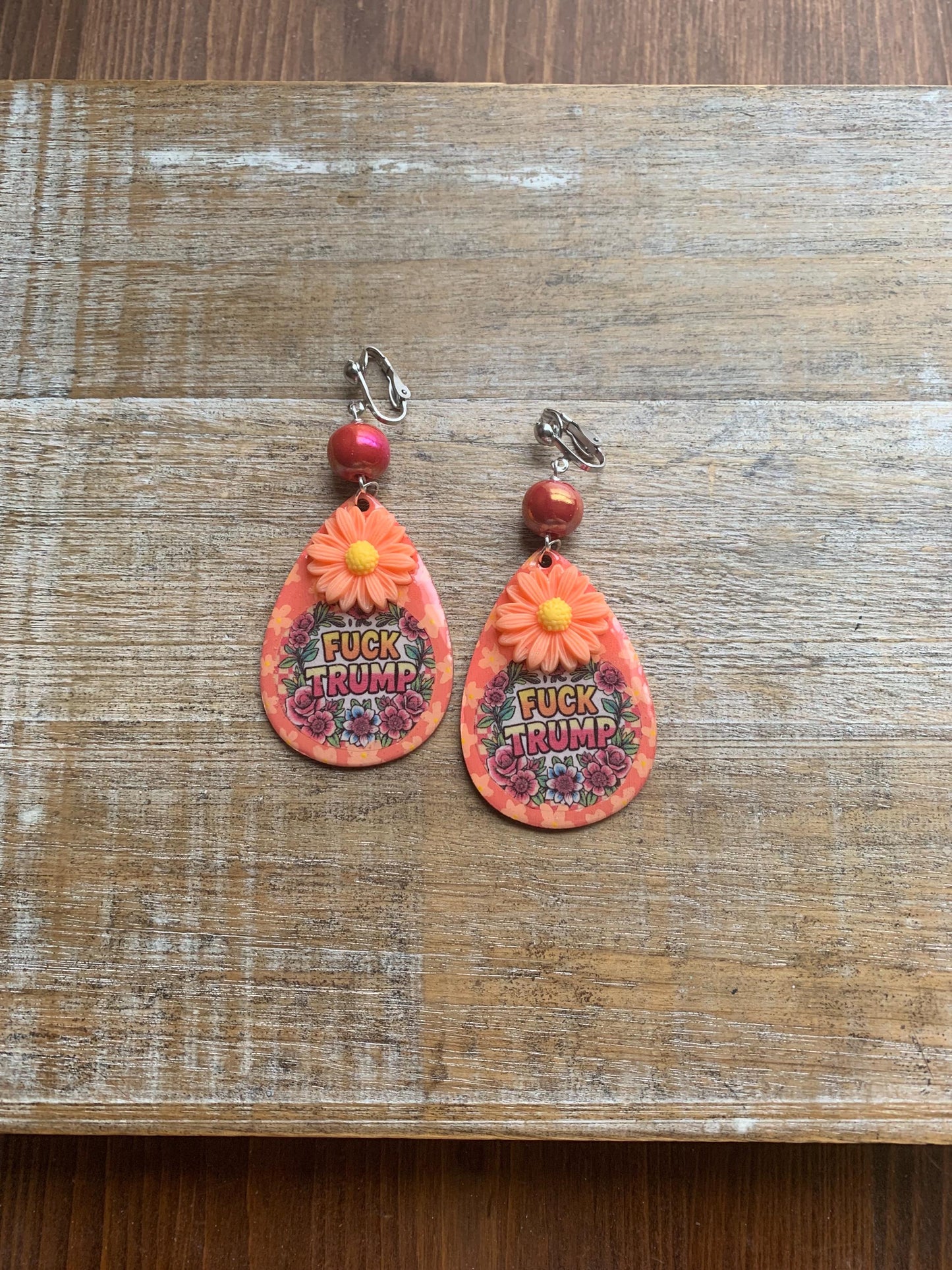 Anti Trump Oligarch Clip On Earrings Wood Fuck Trump Clip Activist Liberal Earrings Punk Orange Anti Authoritarian Govt Ear Hangers