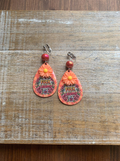 Anti Trump Oligarch Clip On Earrings Wood Fuck Trump Clip Activist Liberal Earrings Punk Orange Anti Authoritarian Govt Ear Hangers
