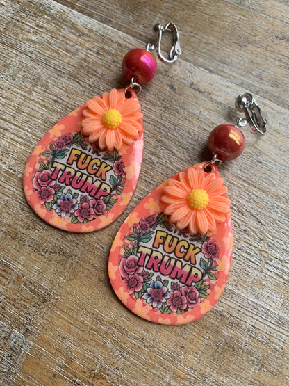 Anti Trump Oligarch Clip On Earrings Wood Fuck Trump Clip Activist Liberal Earrings Punk Orange Anti Authoritarian Govt Ear Hangers