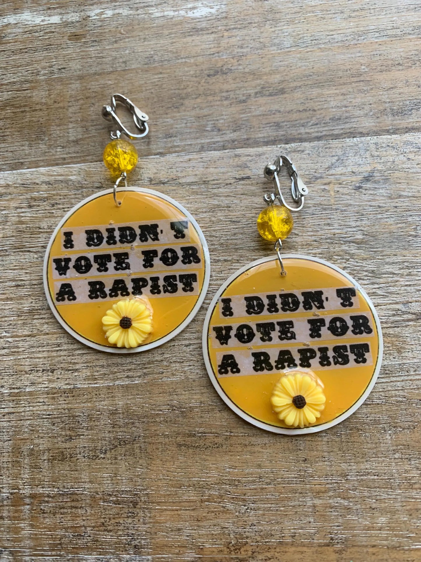 Anti Trump Clip On Earrings Art Deco Democrat Trump for Prison I Didn't Vote for a Rapist Yellow Sunflower Activist Statement