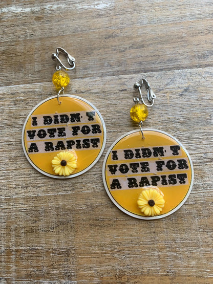 Anti Trump Clip On Earrings Art Deco Democrat Trump for Prison I Didn't Vote for a Rapist Yellow Sunflower Activist Statement
