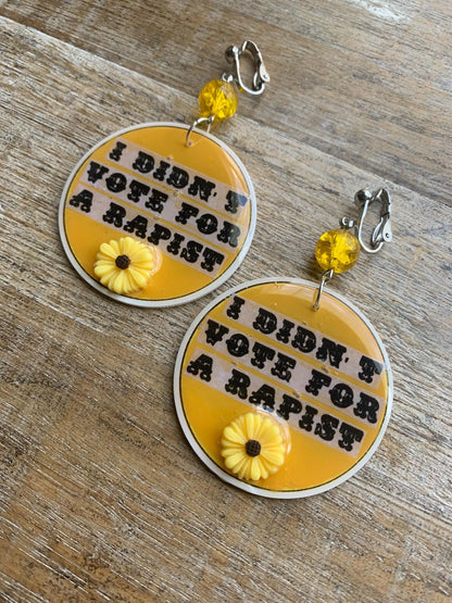 Anti Trump Clip On Earrings Art Deco Democrat Trump for Prison I Didn't Vote for a Rapist Yellow Sunflower Activist Statement