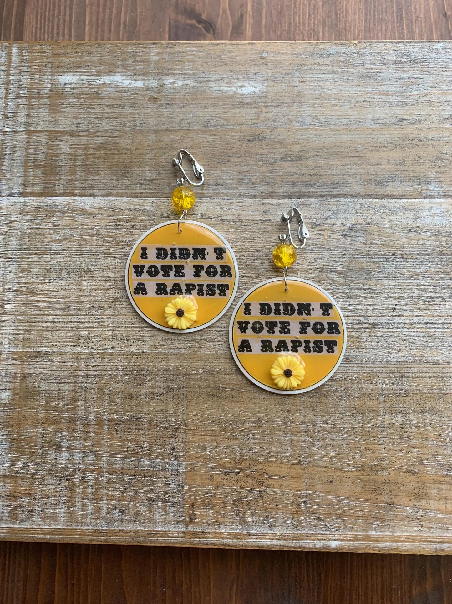 Anti Trump Clip On Earrings Art Deco Democrat Trump for Prison I Didn't Vote for a Rapist Yellow Sunflower Activist Statement