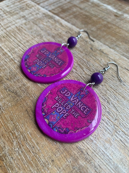JD Vance Killed the Pope Earrings Art Deco Purple Liberal Ear Hangers Anti Trump Vance Democrat Clip On Earrings Tunnel Gauge Earrings