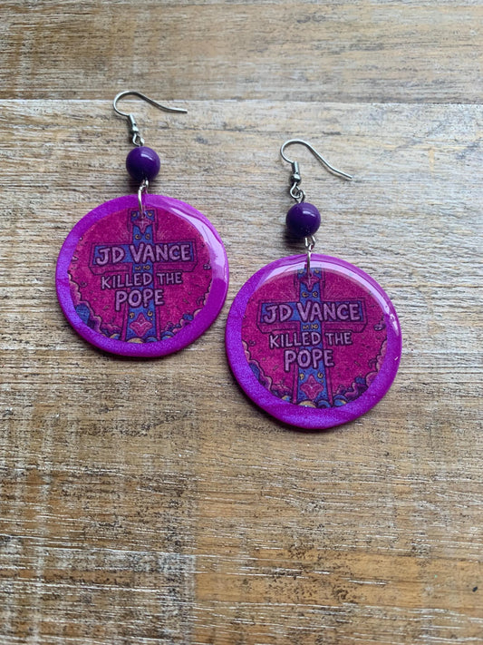 JD Vance Killed the Pope Earrings Art Deco Purple Liberal Ear Hangers Anti Trump Vance Democrat Clip On Earrings Tunnel Gauge Earrings