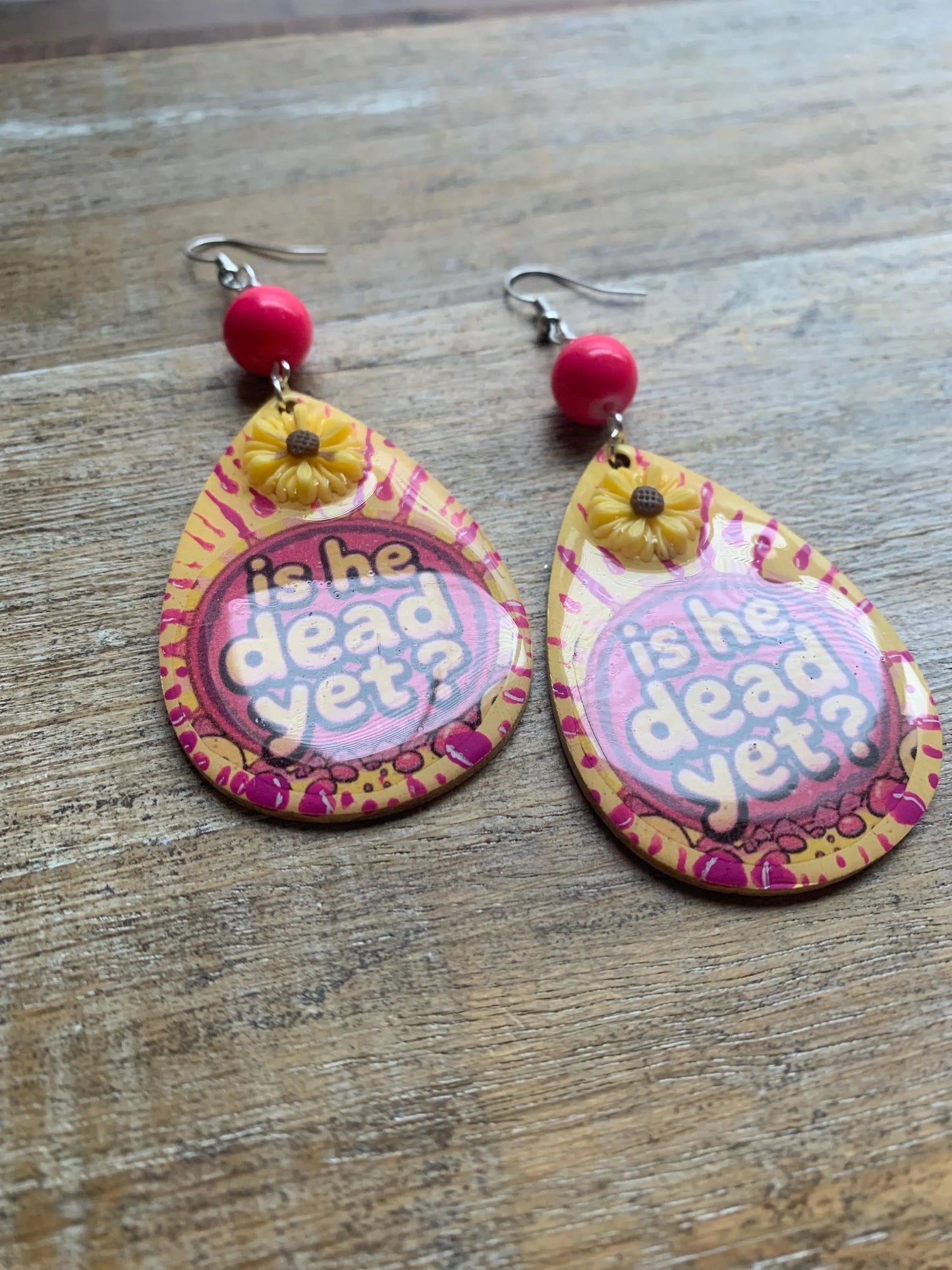 Is He Dead Yet Earrings Wood Protest Liberal Democrat Activist Funny Retro Flowers Clip On Earrings Yellow Millennial Govt Ear Hangers