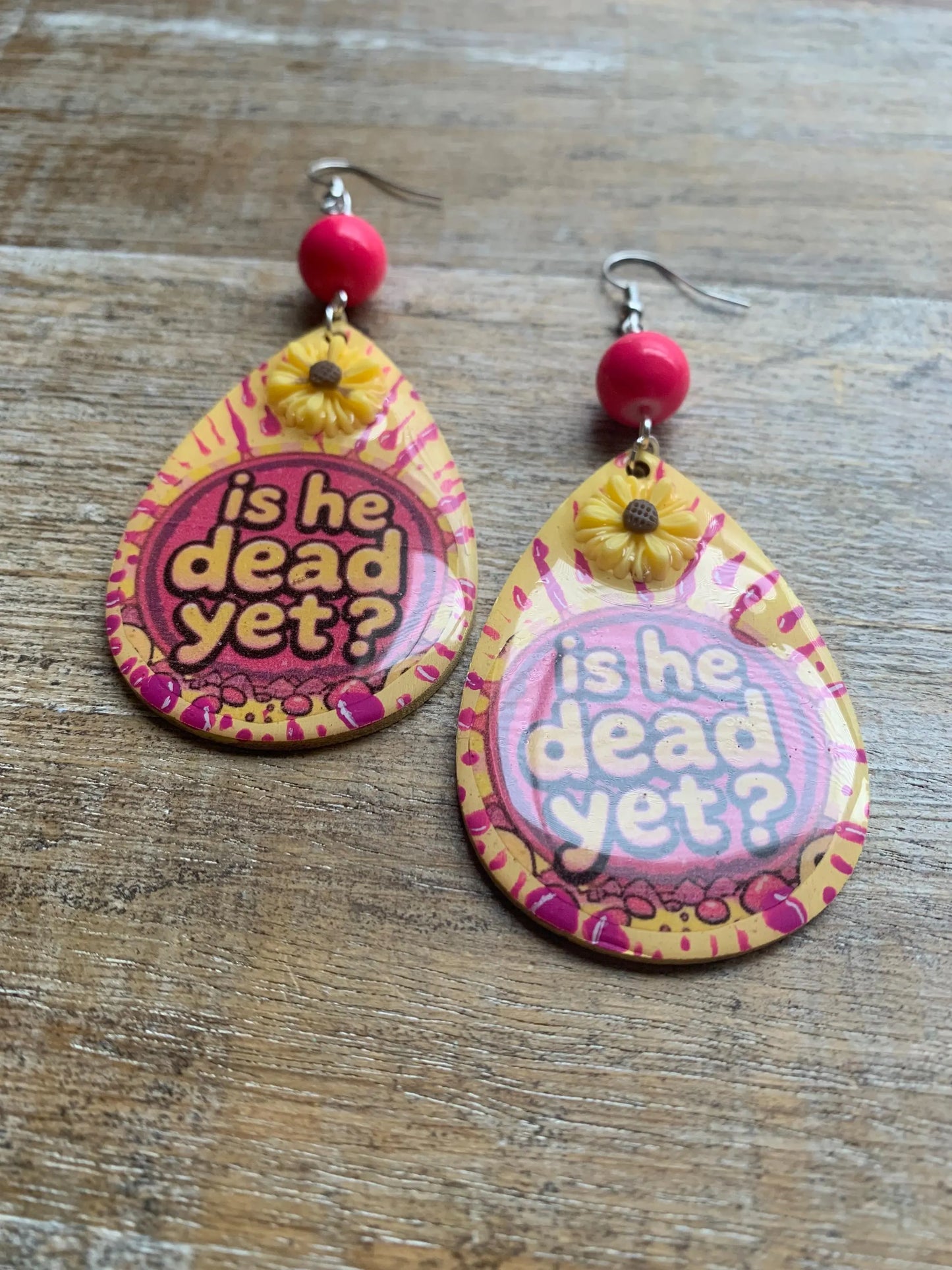 Is He Dead Yet Earrings Wood Protest Liberal Democrat Activist Funny Retro Flowers Clip On Earrings Yellow Millennial Govt Ear Hangers
