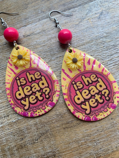Is He Dead Yet Earrings Wood Protest Liberal Democrat Activist Funny Retro Flowers Clip On Earrings Yellow Millennial Govt Ear Hangers