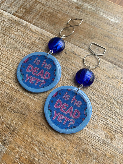 Is He Dead Yet Tunnel Gauge Earrings Clay Protest Liberal Democrat Activist Funny Retro Flowers Clip On Earrings Blue Millennial Govt
