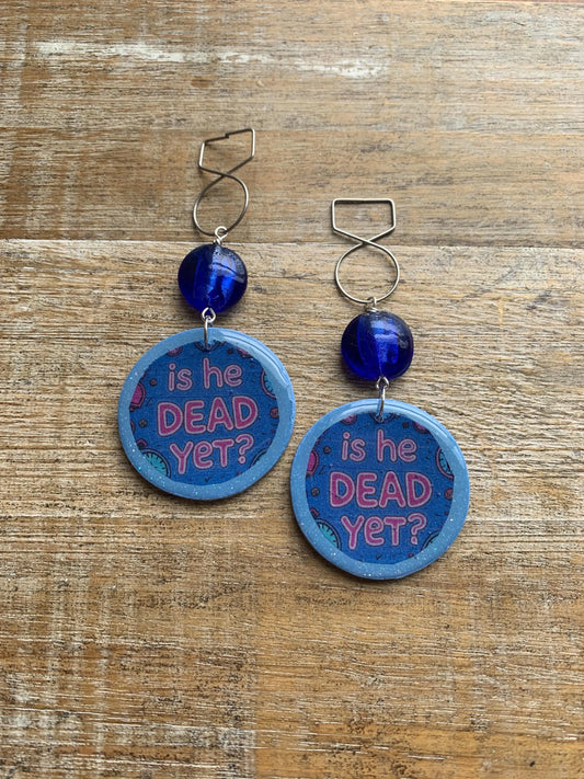 Is He Dead Yet Tunnel Gauge Earrings Clay Protest Liberal Democrat Activist Funny Retro Flowers Clip On Earrings Blue Millennial Govt