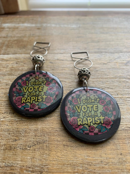 I Didn’t Vote for a Rapist Gothic Earrings Art Deco Checkered Liberal Ear Hangers Anti Trump Democrat Clip On Earrings Tunnel Gauge Earrings