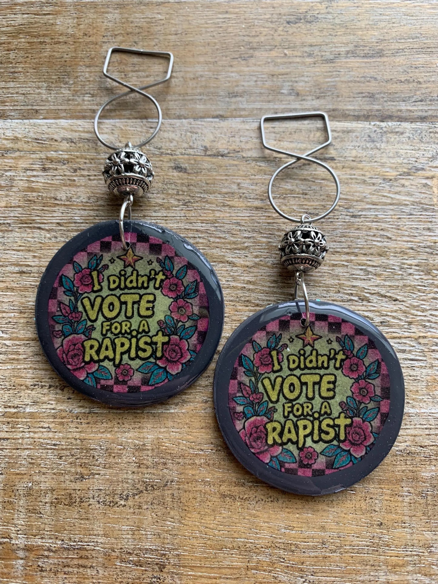 I Didn’t Vote for a Rapist Gothic Earrings Art Deco Checkered Liberal Ear Hangers Anti Trump Democrat Clip On Earrings Tunnel Gauge Earrings