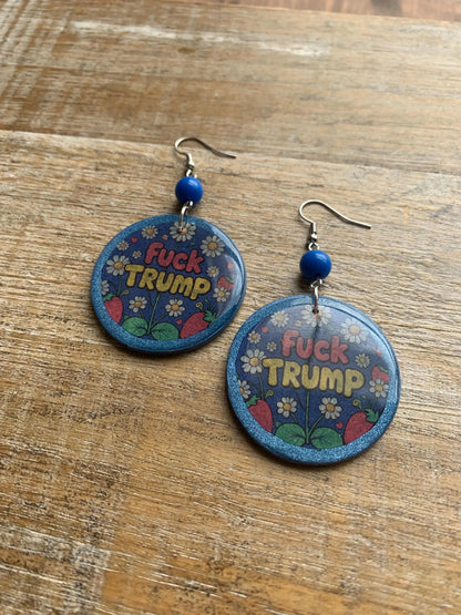Anti Trump Earrings Clay Protest Fuck Trump Activist Fruit Flower Liberal Clip On Earrings Punk Blue FDT Anti Authoritarian Govt Ear Hangers