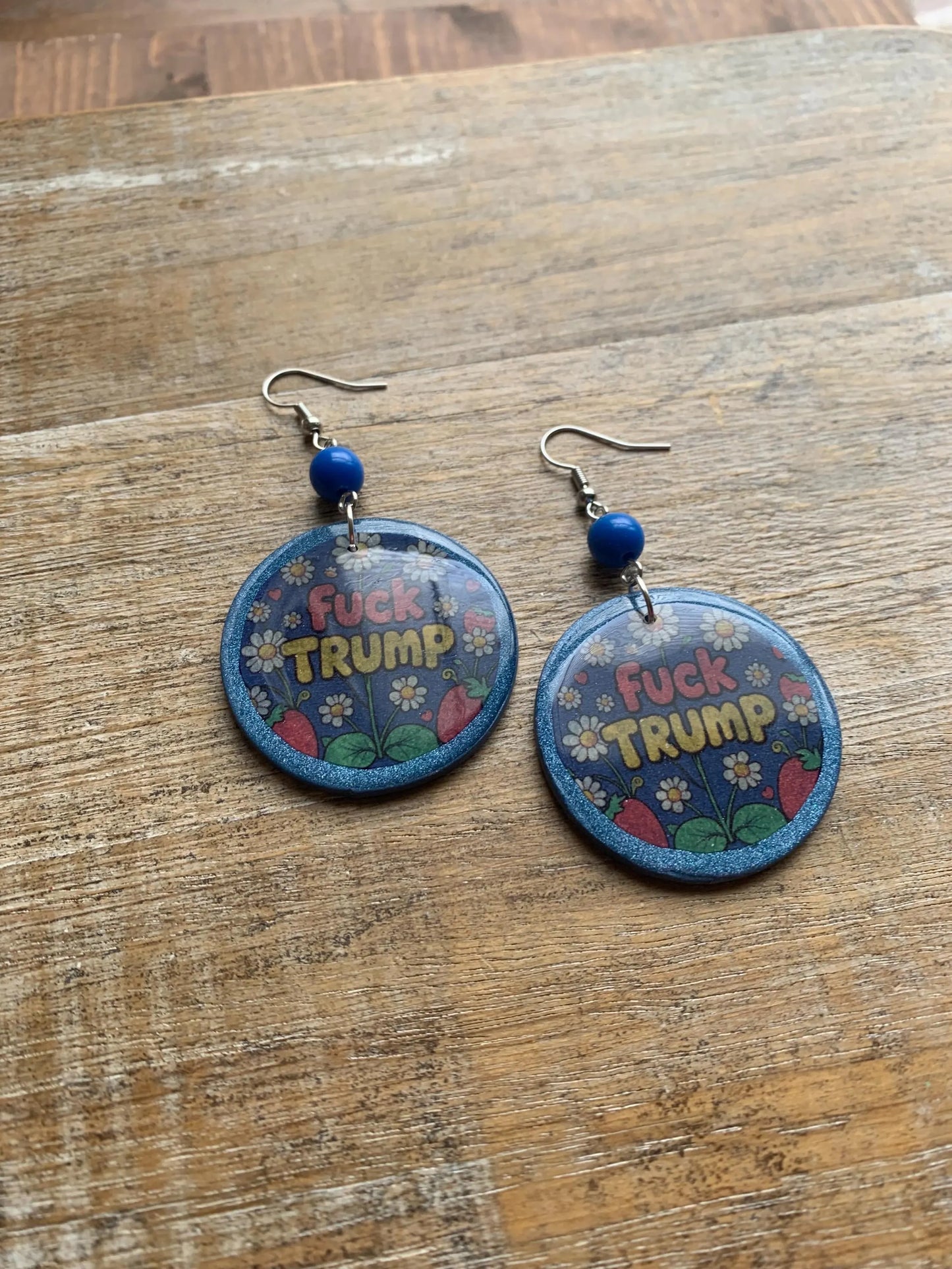 Anti Trump Earrings Clay Protest Fuck Trump Activist Fruit Flower Liberal Clip On Earrings Punk Blue FDT Anti Authoritarian Govt Ear Hangers