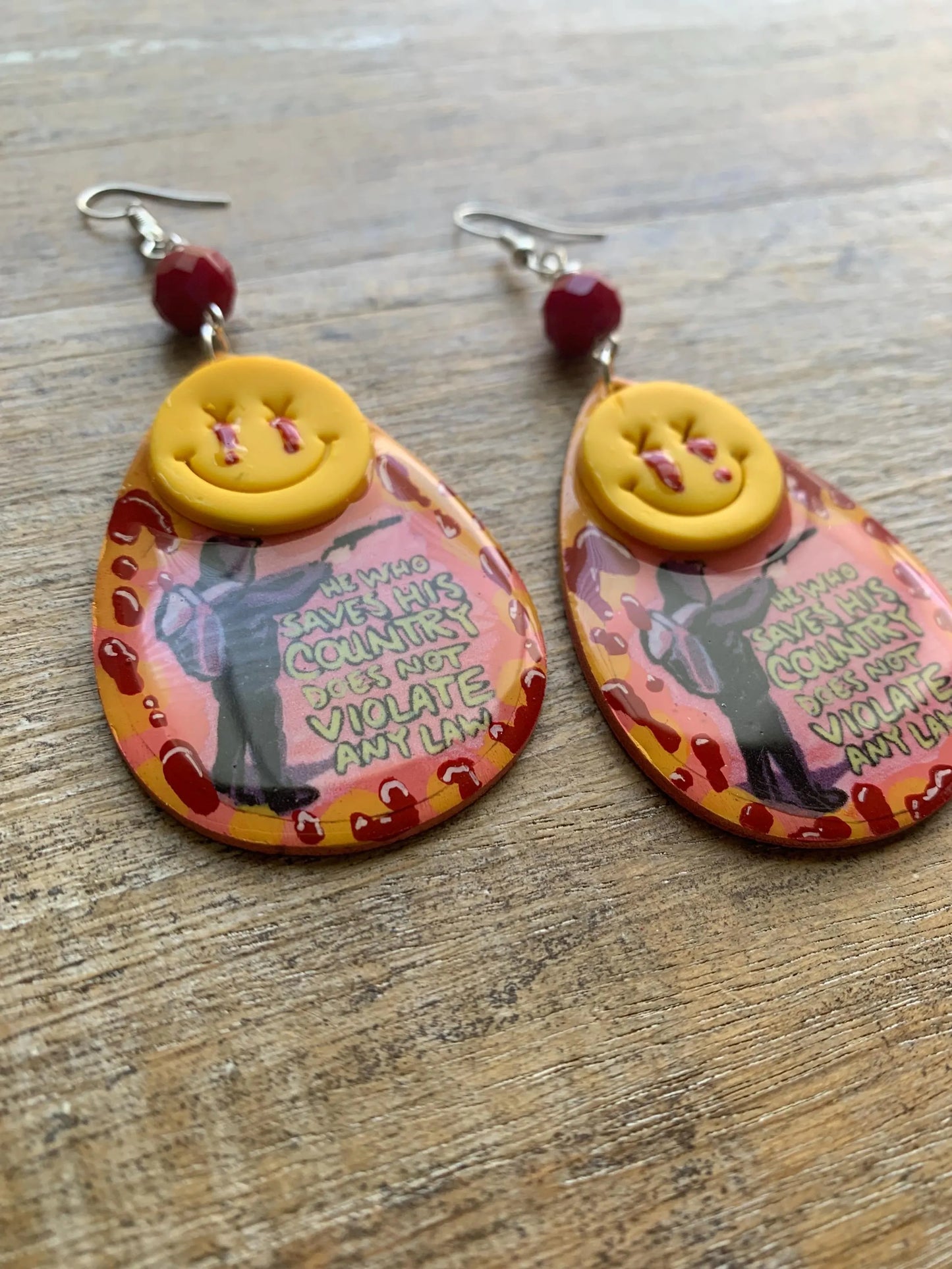 He Who Saves His Country Does Not Violate Any Law Luigi Universal Healthcare Earrings Wood Bloody Activist Liberal Clip On Earrings Punk Political Statement Protest Ear Hangers
