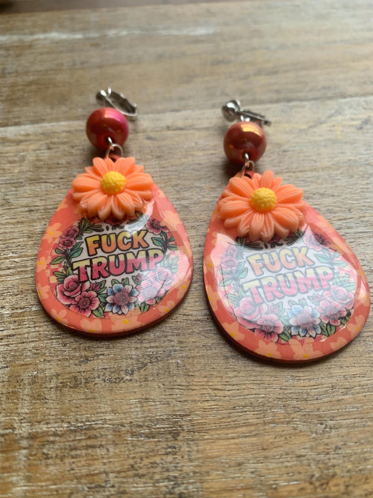 Anti Trump Oligarch Clip On Earrings Wood Fuck Trump Clip Activist Liberal Earrings Punk Orange Anti Authoritarian Govt Ear Hangers