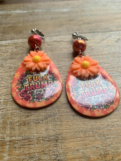 Anti Trump Oligarch Clip On Earrings Wood Fuck Trump Clip Activist Liberal Earrings Punk Orange Anti Authoritarian Govt Ear Hangers