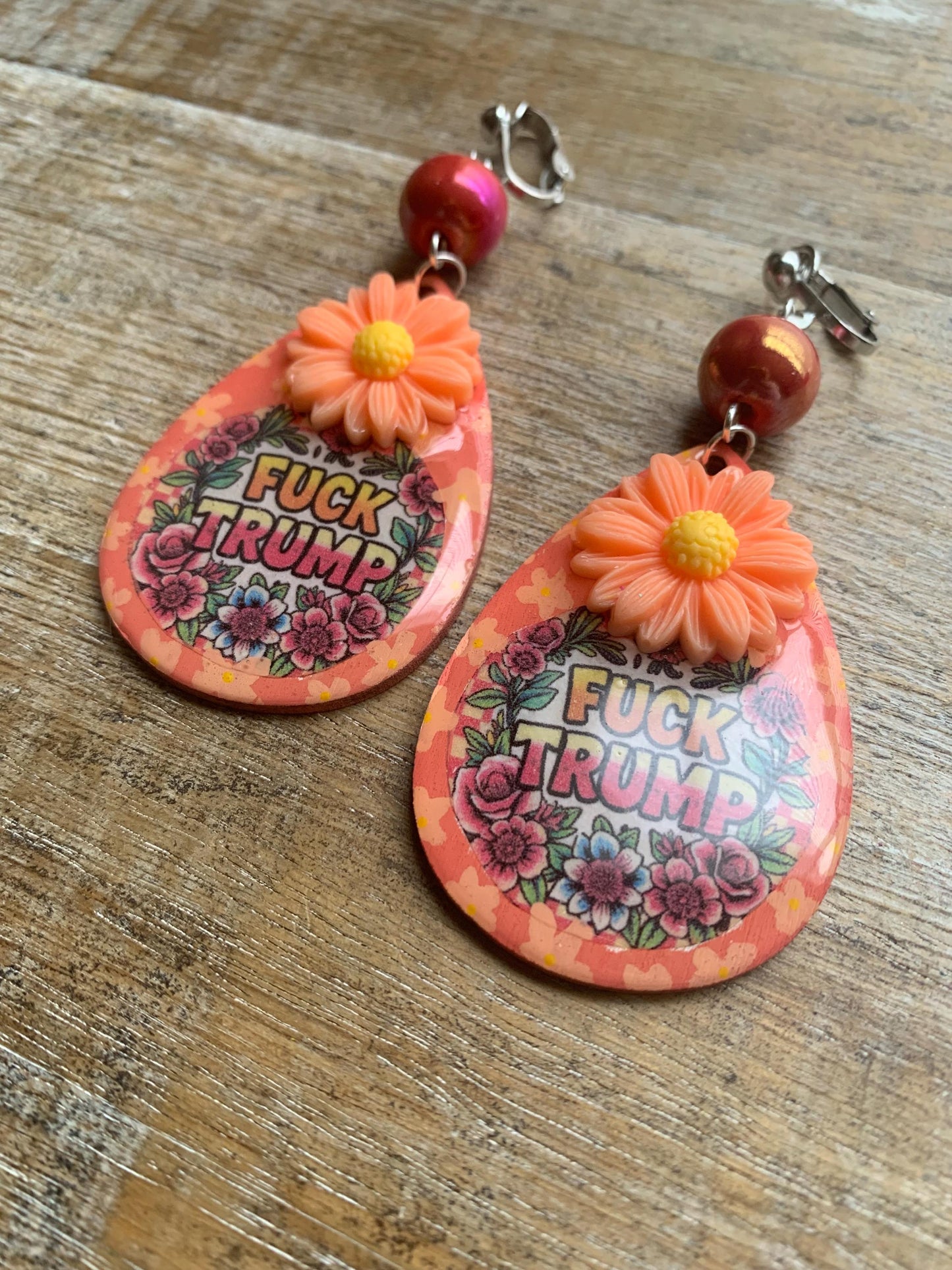 Anti Trump Oligarch Clip On Earrings Wood Fuck Trump Clip Activist Liberal Earrings Punk Orange Anti Authoritarian Govt Ear Hangers
