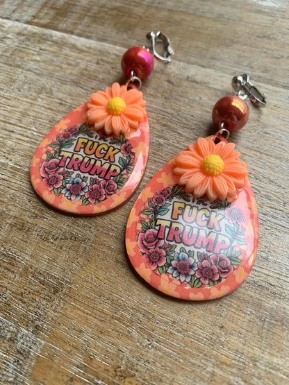 Anti Trump Oligarch Clip On Earrings Wood Fuck Trump Clip Activist Liberal Earrings Punk Orange Anti Authoritarian Govt Ear Hangers