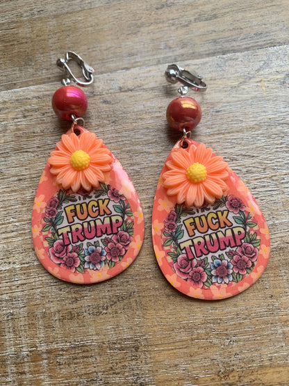 Anti Trump Oligarch Clip On Earrings Wood Fuck Trump Clip Activist Liberal Earrings Punk Orange Anti Authoritarian Govt Ear Hangers