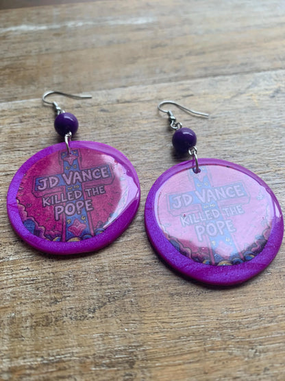 JD Vance Killed the Pope Earrings Art Deco Purple Liberal Ear Hangers Anti Trump Vance Democrat Clip On Earrings Tunnel Gauge Earrings