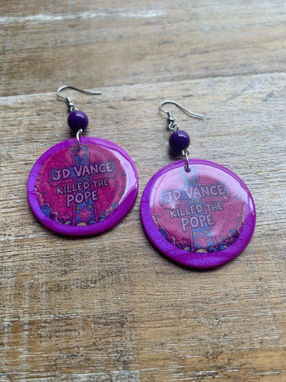 JD Vance Killed the Pope Earrings Art Deco Purple Liberal Ear Hangers Anti Trump Vance Democrat Clip On Earrings Tunnel Gauge Earrings