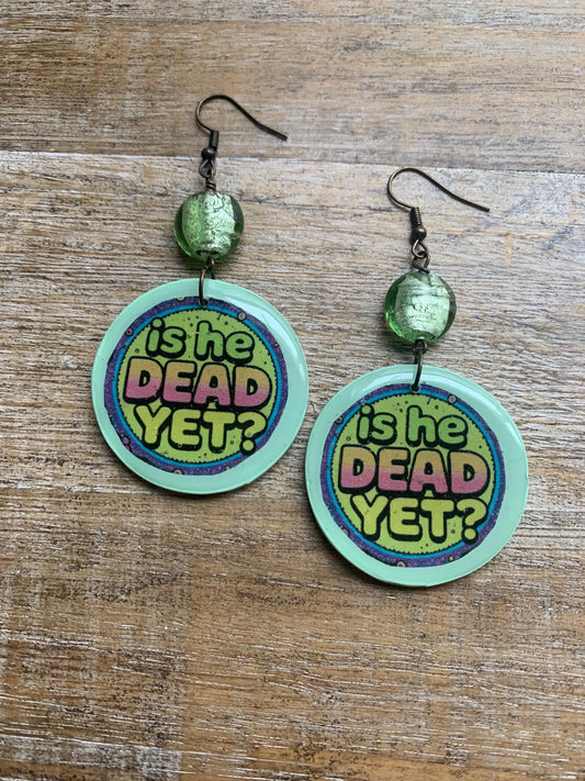 Is He Dead Yet Earrings Clay Protest Liberal Democrat Activist Funny Retro Flowers Clip On Earrings Green Millennial Govt Ear Hangers